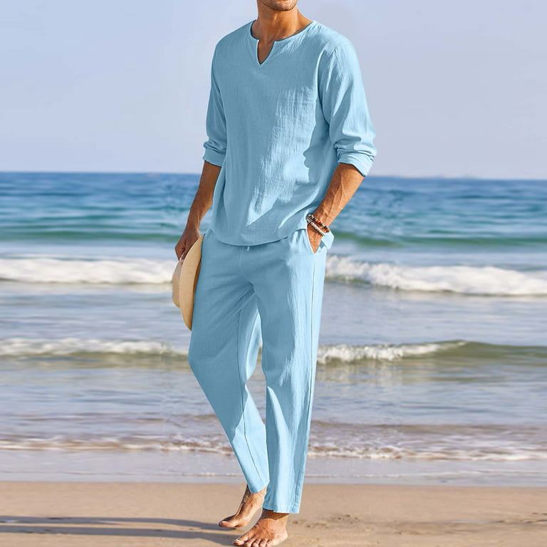 MRULIC suits for men Men Pieces Cotton Linen Set Henley Shirt Long Sleeve  And Casual Beach Pants Summer Yoga Outfits Men Suits Light blue + XXL 