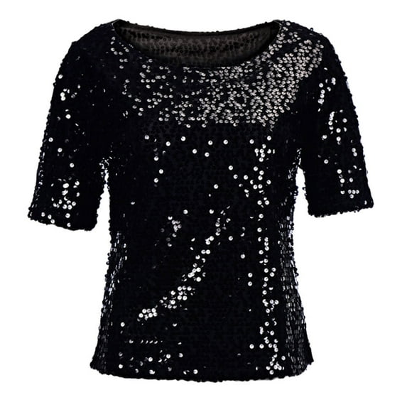 MRULIC t shirts for women Fashion Women Sequins Sparkle Coctail Party Casual Top Blouse Crop Tops Shirt Womens t shirts Black + L