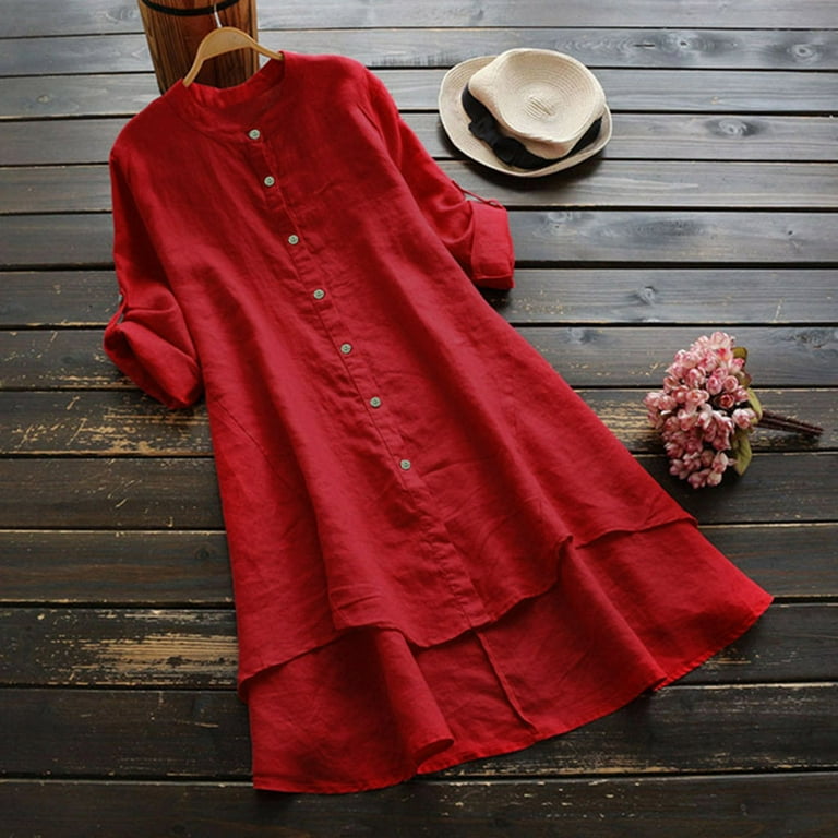 MRULIC t shirts for women Women Casual Loose Linen Soild Button Long Sleeve  Long Shirt Blouse Tops Womens t shirts Red + S