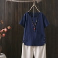 thumbnail image 1 of MRULIC t shirts for women Women Casual Solid Linen Button Short Sleeve Pocket Shirt Blouse Loose Top Womens t shirts Navy Blue + XL, 1 of 7