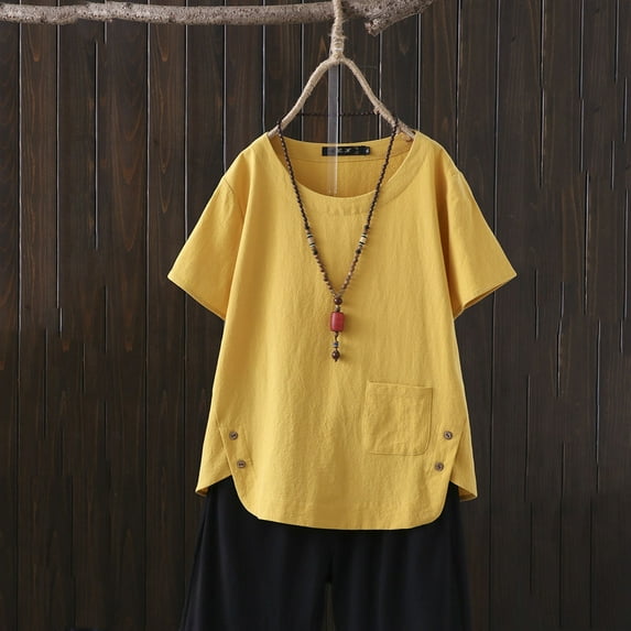 MRULIC t shirts for women Women Casual Solid Linen Button Short Sleeve Pocket Shirt Blouse Loose Top Womens t shirts Yellow + XL