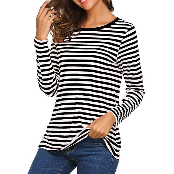 MRULIC t shirts for women Women Long Sleeve Round Neck Basic T-Shirt Striped Shirts Tunic Top Blouse Womens t shirts Black + L
