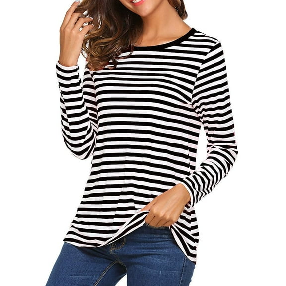 MRULIC t shirts for women Women Long Sleeve Round Neck Basic T-Shirt Striped Shirts Tunic Top Blouse Womens t shirts Black + L