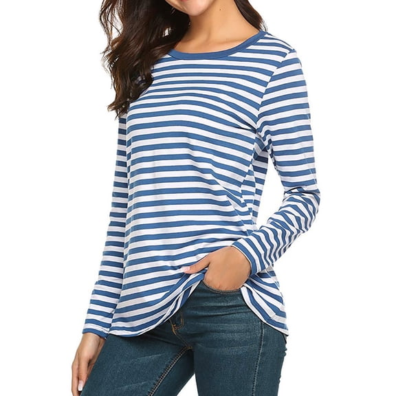 MRULIC t shirts for women Women Long Sleeve Round Neck Basic T-Shirt Striped Shirts Tunic Top Blouse Womens t shirts Blue XXL