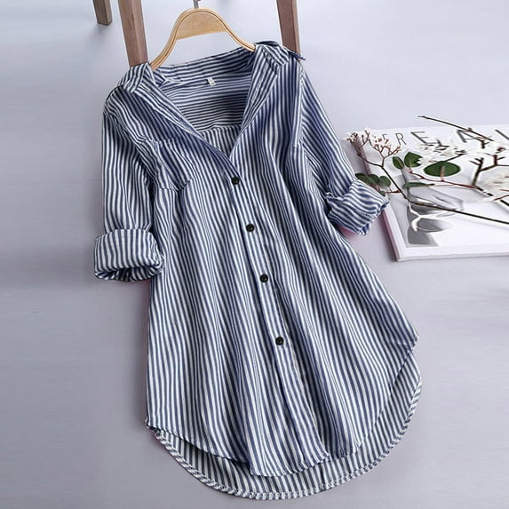 MRULIC t shirts for women Women Stripe Long Sleeve Turn-down Collar Button Loose Top Shirts Blouse Womens t shirts Navy Blue + L