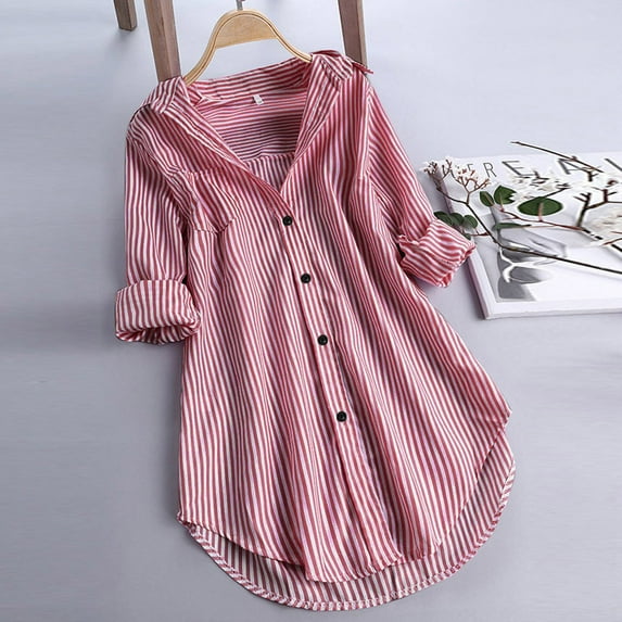 MRULIC t shirts for women Women Stripe Long Sleeve Turn-down Collar Button Loose Top Shirts Blouse Womens t shirts Red + M