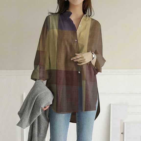 MRULIC t shirts for women Women's Plus Size Plaid Pocket Loose Blouse Casual Button Long Sleeve Shirt Top Womens t shirts Khaki + M