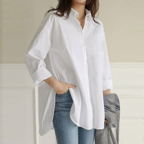 MRULIC t shirts for women Women's Plus Size Solid Pocket Loose Blouse Casual Button Long Sleeve Shirt Top Womens t shirts White + 4XL