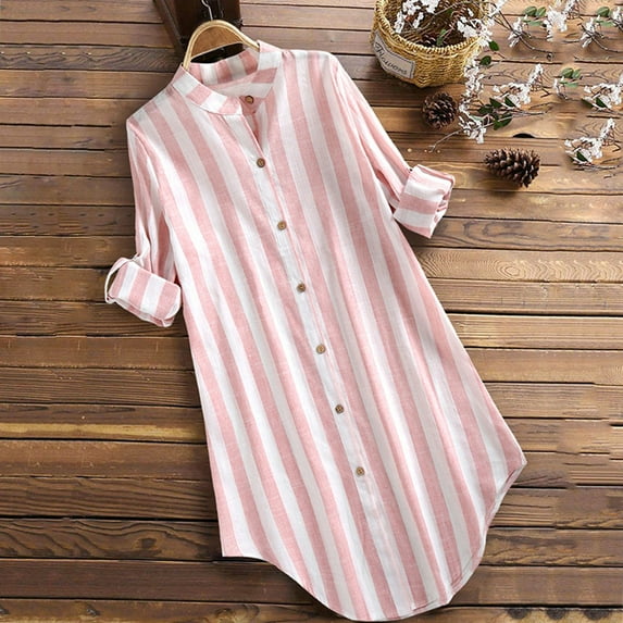 MRULIC t shirts for women Women's Plus Size Stripe Pocket Loose Blouse Casual Button Long Sleeve Shirt Top Womens t shirts Pink + XL