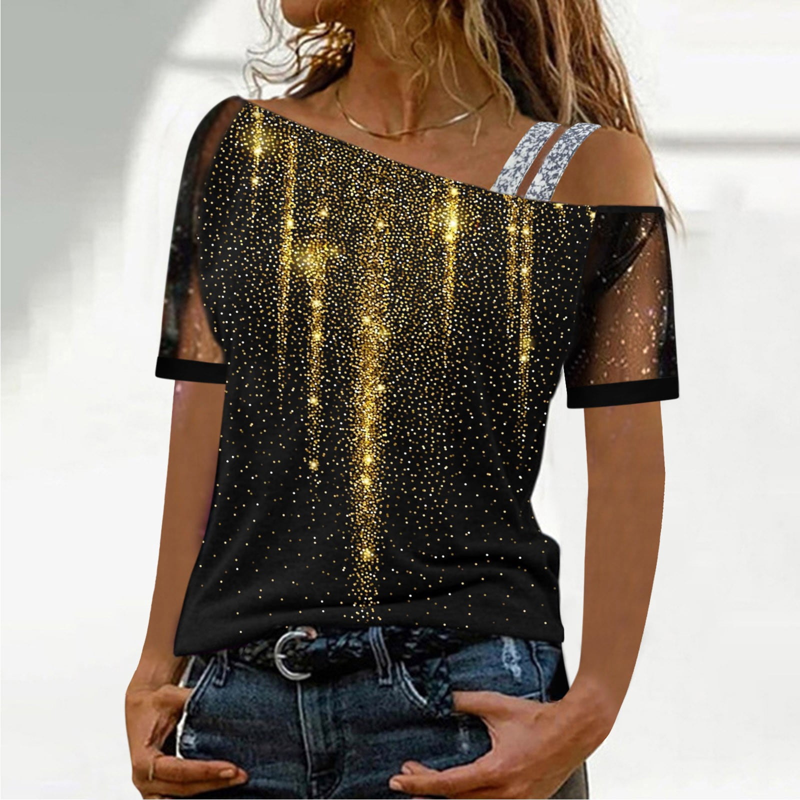 black glitter cold shoulder top