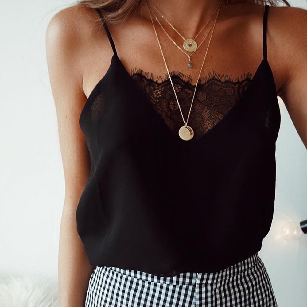 MRULIC tank top for women Fashion Womens Lace Sexy Vest Camisole Sleeveless Solid T-Shirt Tops Womens tank tops Black + L