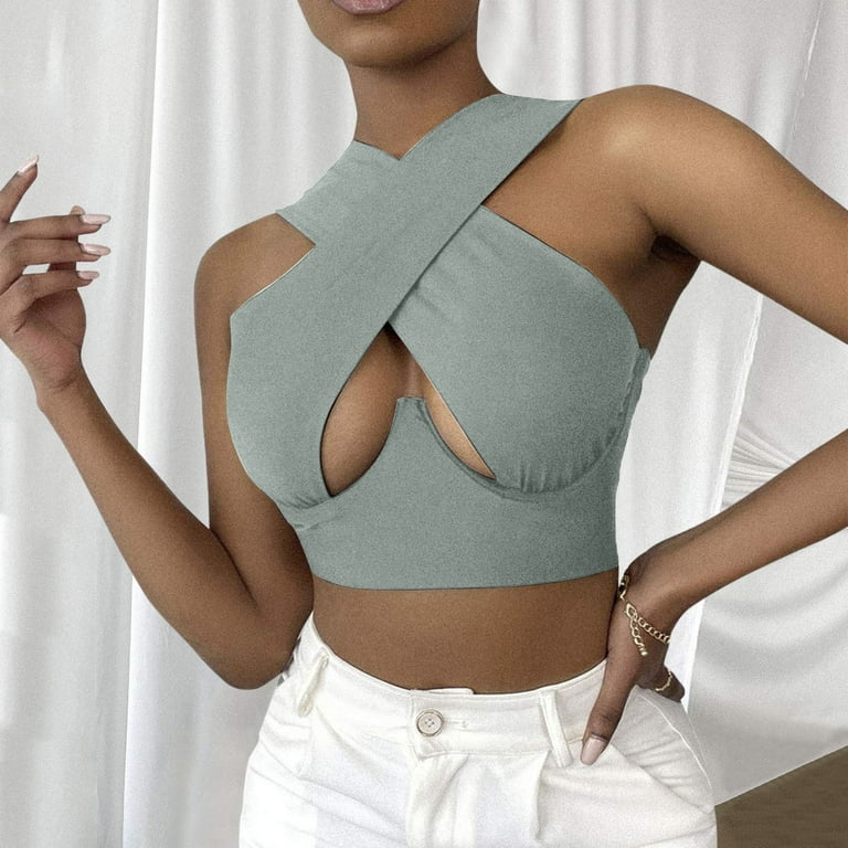 Woman's Patent Leather Cut Out Wrap Crop Top Bra Backless Tank