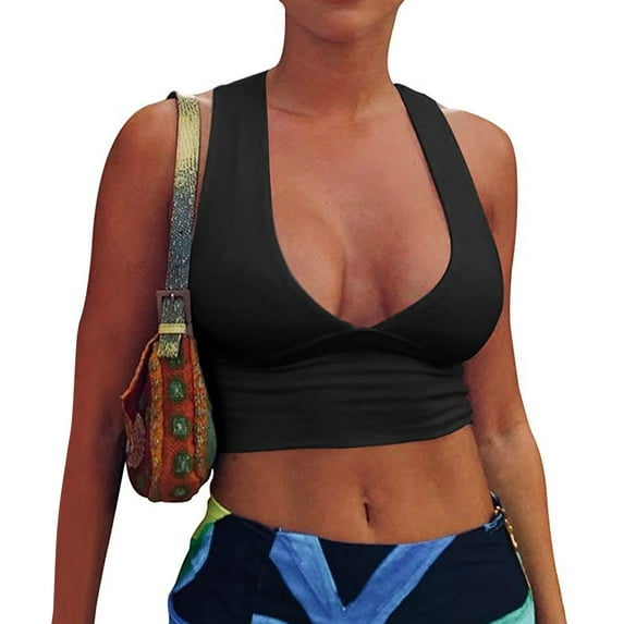 MRULIC tank top for women Women's Sexy Fashion Sleeveless Deep V-Neck Hollow Out Tight Tank Tops Womens tank tops Black + L