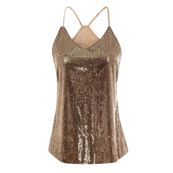 MRULIC tank top for women Women's Sexy Sequin Camisole With Spaghetti Straps V Neck Womens tank tops Gold + L