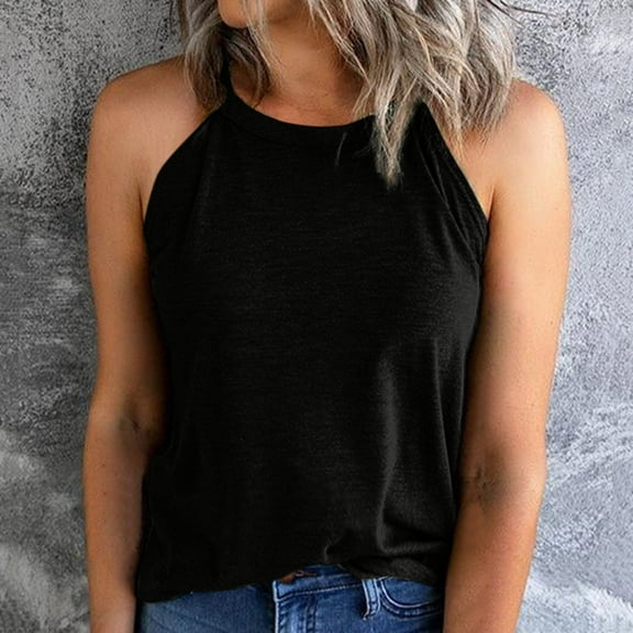 MRULIC tank top for women Women's Solid Color Slim Fit O Neck Halter T-Shirt Top Vests Tank Sleeveless Blouse Womens tank tops Black + L