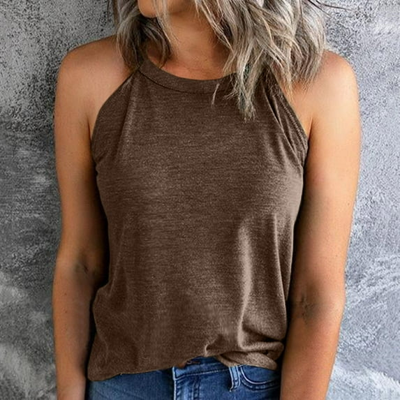 MRULIC tank top for women Women's Solid Color Slim Fit O Neck Halter T-Shirt Top Vests Tank Sleeveless Blouse Womens tank tops Brown + XL