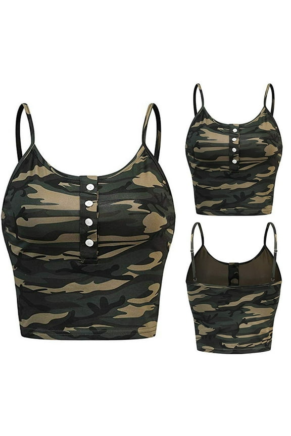 tank top for women Womens Sleeveless O-neck Button Up Casual Camouflage Print Vest Cami Tank Top Womens tank tops Army Green + M