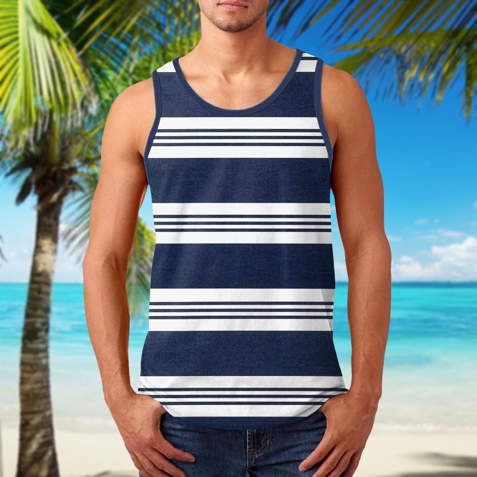 MRULIC tank tops men Men Summer Casual Beach Top Shirt Fashion Sports  Striped Sleeveless Beach Shirt Top Loose Tank Top Shirt Men Tank Tops Navy  Blue