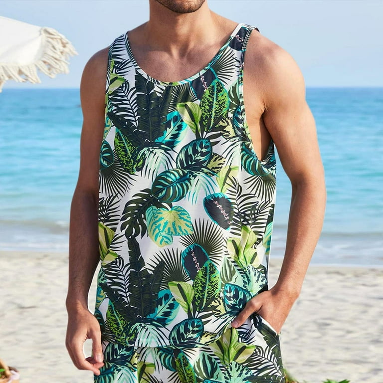 MRULIC tank tops men Men Summer Casual Tank Top Hawaiian Floral Short Suit  Beach Tropical Clothing Short Top Set Fashion Set Men Tank Tops Green + 3XL  