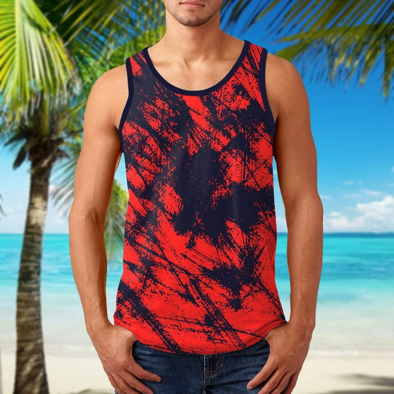 MRULIC tank tops men Men Summer Print Beach Top Shirt Fashion Casual Sports  Sleeveless Beach Shirt Top Loose Tank Top Shirt Men Tank Tops Red + XL