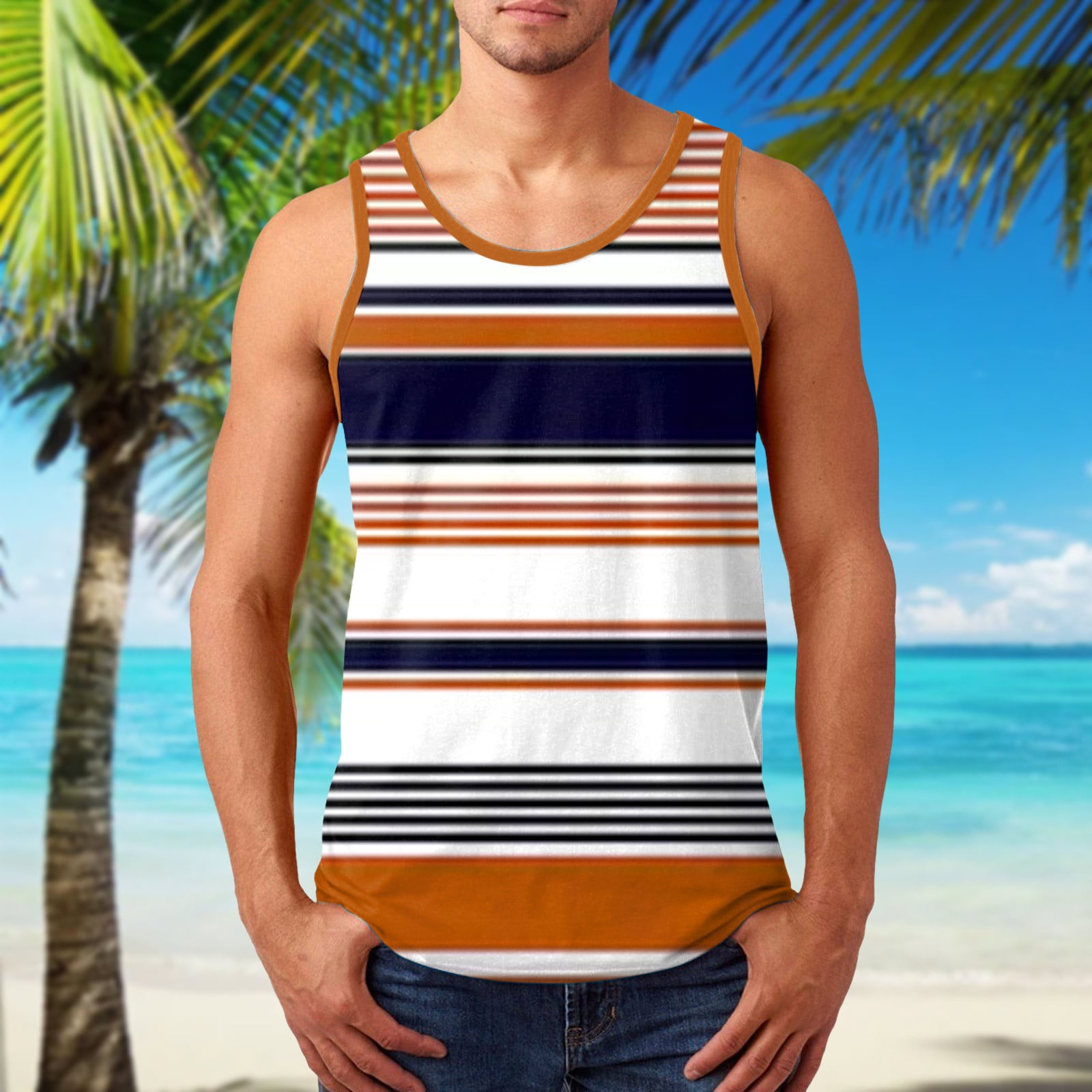 MRULIC tank tops men Men Summer Striped Casual Beach Top Shirt Elegant  Sports Sleeveless Beach Shirt Top Loose Tank Top Shirt Men Tank Tops Blue +  XL 