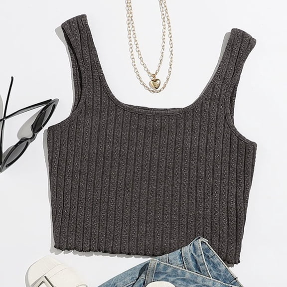 MRULIC tank tops women Women Tops Solid Sleeveless Pullover Vest Tank Crop Shirts Womens tank tops Brown + US:8-10