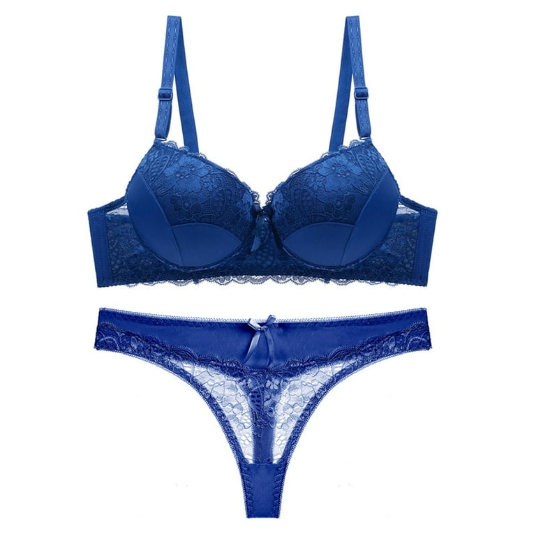 MRULIC underwear women set Women Lingerie Lace Flowers Push Up Top Bra  Pants Underwear Set Sleepwear Blue + 44D