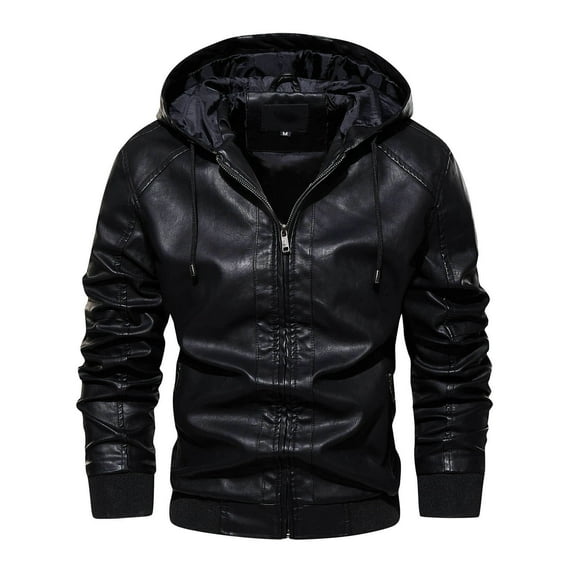 MRULIC winter coats for men Men's Trendy Hooded Leather  Splice Comfort Solid Color Long Sleeved Zipper Outdoor Daily Coat Black   3XL