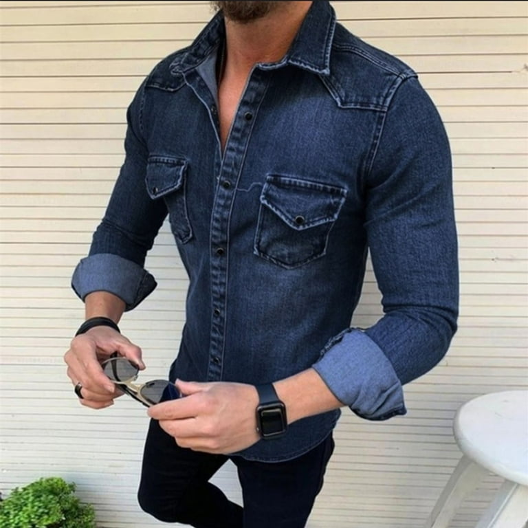 MRULIC winter coats for men Men s Vintage Lapel Button Down Long Sleeve Pocket Long Sleeve Denim Shirt Jean Jacket Distressed Teen Coat Navy Blue L