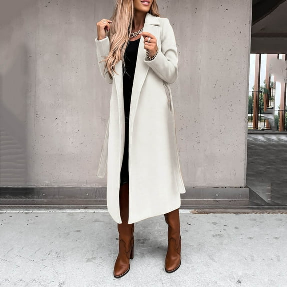 MRULIC winter coats for women Women's Faux Wool Coat Blouse Thin Coat Trench Long Jacket Ladies Slim Long Belt Elegant Overcoat Outwear White + XXL
