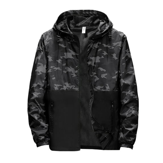 MRULIC winter coats for men Men's Fall Large Size Shrinkable Hooded Jacket Outdoor Thin Classic Printed Windproof Coat Loose Breathable Top Black + 3XL