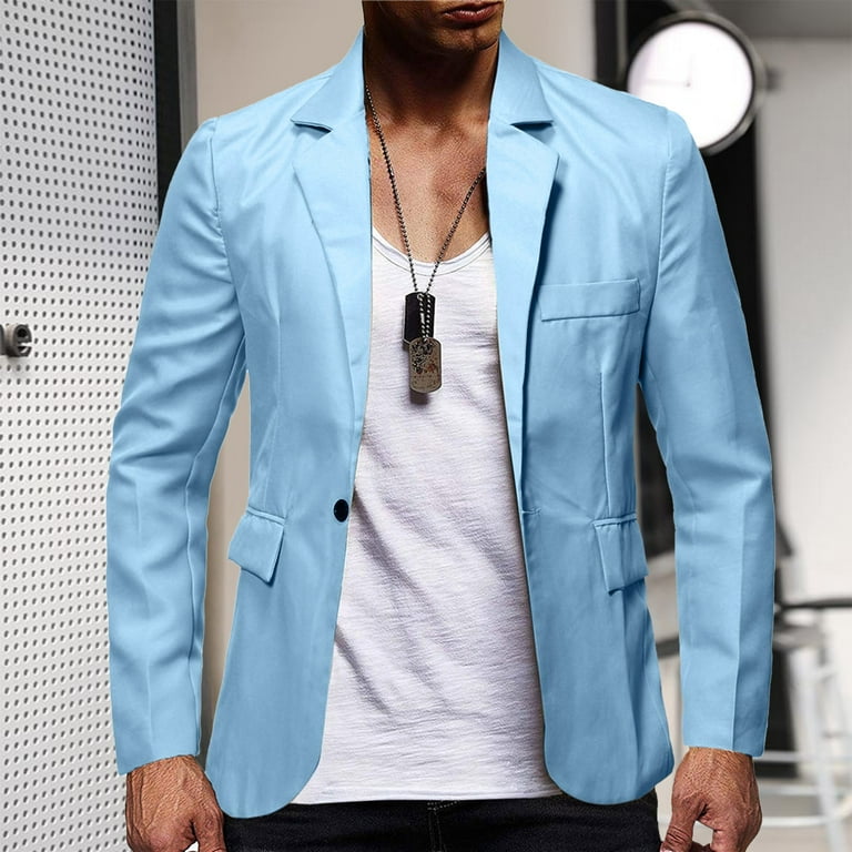 MRULIC winter coats for men Men's Luxury Casual Suit Blouse Lapel Button  Slim Fit Stylish Jacket Shirt Party Formal Solid Color Coat With Pocket  Light blue + XXL 