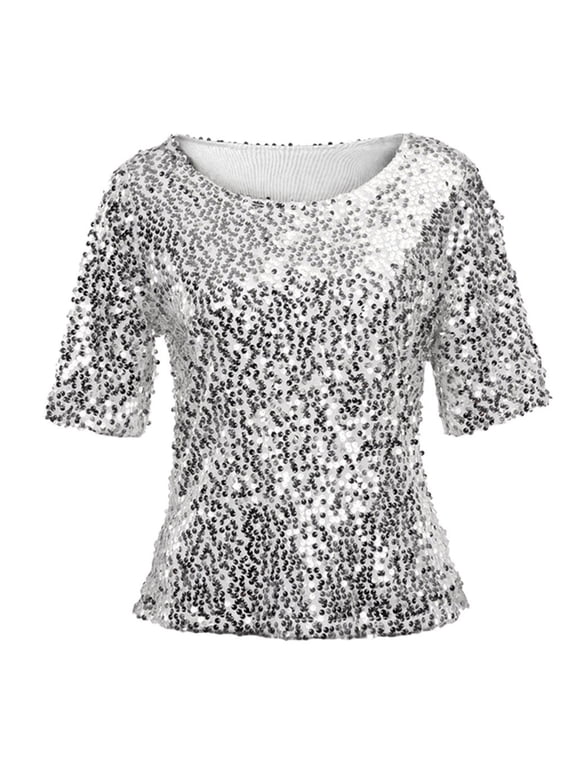 womens t shirts Fashion Women Sequins Sparkle Coctail Party Casual Top Blouse Crop Tops Shirt Womens t shirts Silver + US:8-10