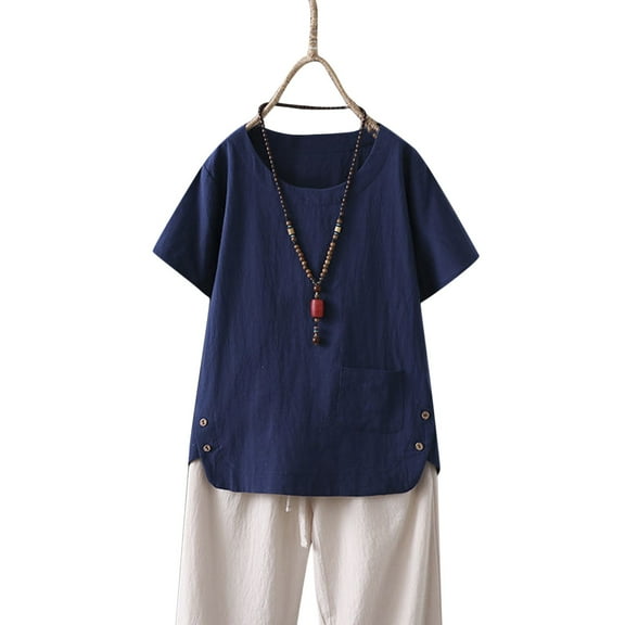 MRULIC womens t shirts Women Casual Solid Linen Button Short Sleeve Pocket Shirt Blouse Loose Top Womens t shirts Navy Blue + US:8-10