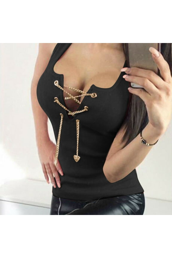 womens t shirts Women Chain Lace-up Sexy Low Cut Club Vest Tops Ladies Deep V Neck Shirts Womens t shirts Black + US：12-14