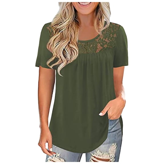 MRULIC womens t shirts Women Fashion Lace Solid Splicing O-Neck Short Sleeve T-Shirt Blouse Tops Womens t shirts Green   3XL