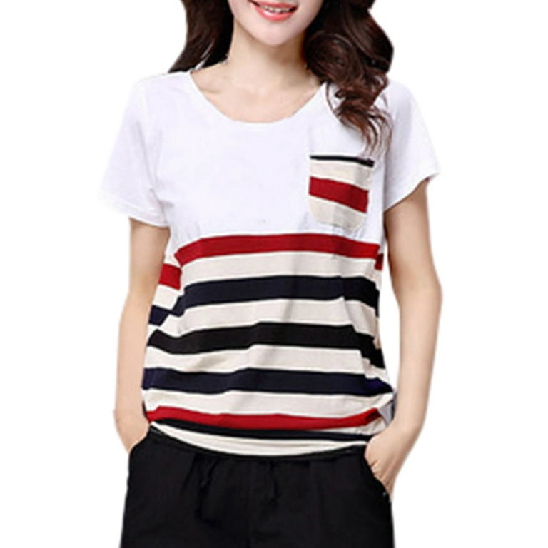 MRULIC womens t shirts Women Polyester Striped O-neck Short-sleeved Loose  Plus Size T-Shirt Blouse Top Womens t shirts Wine + US：16-18 