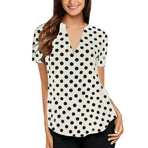 MRULIC womens t shirts Women Summer Polka Dot Short Sleeve V Neck Tunic Shirt Tops Blouse Womens t shirts White + US:12-14