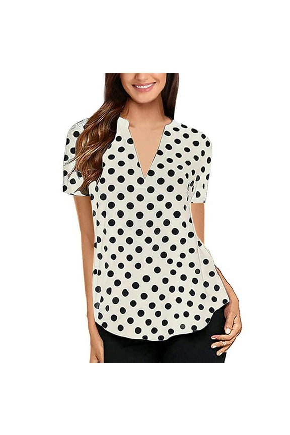 womens t shirts Women Summer Polka Dot Short Sleeve V Neck Tunic Shirt Tops Blouse Womens t shirts White + XXL