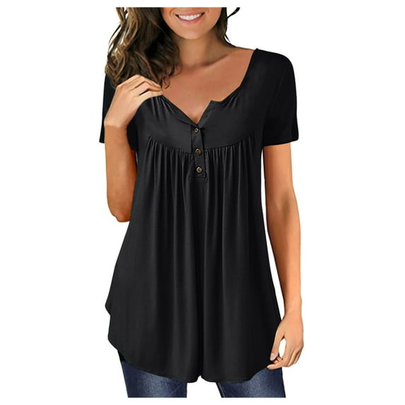 MRULIC womens t shirts Women's Fashion Round Neck Solid Button Pleated Print Loose Casual T-Shirt Top Womens t shirts Black + 4XL
