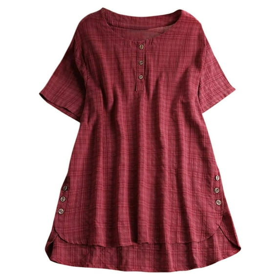 MRULIC womens t shirts Women's Short Sleeve Kaftan Baggy Button Cotton Solid Casual Tunic Blouse Womens t shirts Red + US:4-6