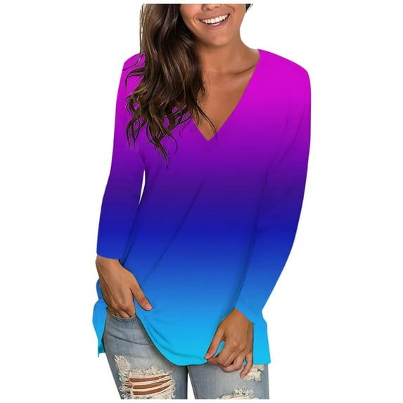 MRULIC womens t shirts Women's Summer Fashion Casual Long Sleeve Tie-dye V-Neck Tops T-shirt Blouse Womens t shirts Navy Blue + XXL
