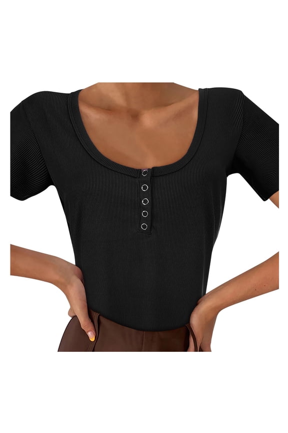 womens t shirts Womens Basic Sexy Low Cut Button Down Tight Slim Fitted Tee Tops T Shirts Womens t shirts Black + US:4-6