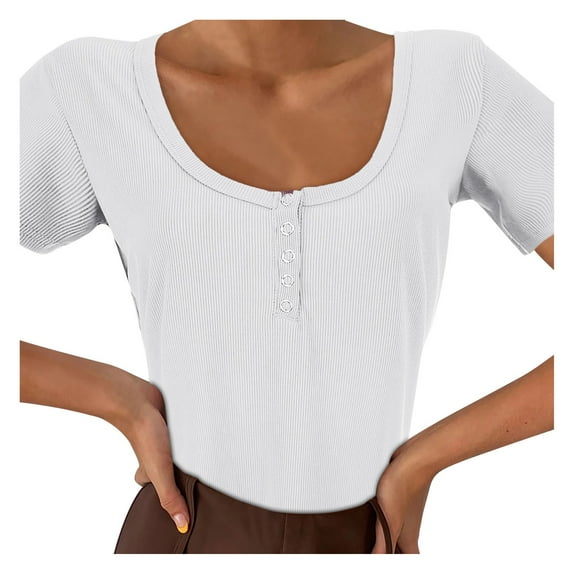 MRULIC womens t shirts Womens Basic Sexy Low Cut Button Down Tight Slim Fitted Tee Tops T Shirts Womens t shirts White + US:16-18