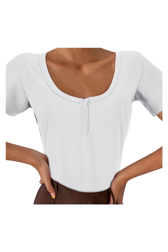 womens t shirts Womens Basic Sexy Low Cut Button Down Tight Slim Fitted Tee Tops T Shirts Womens t shirts White + US：8-10