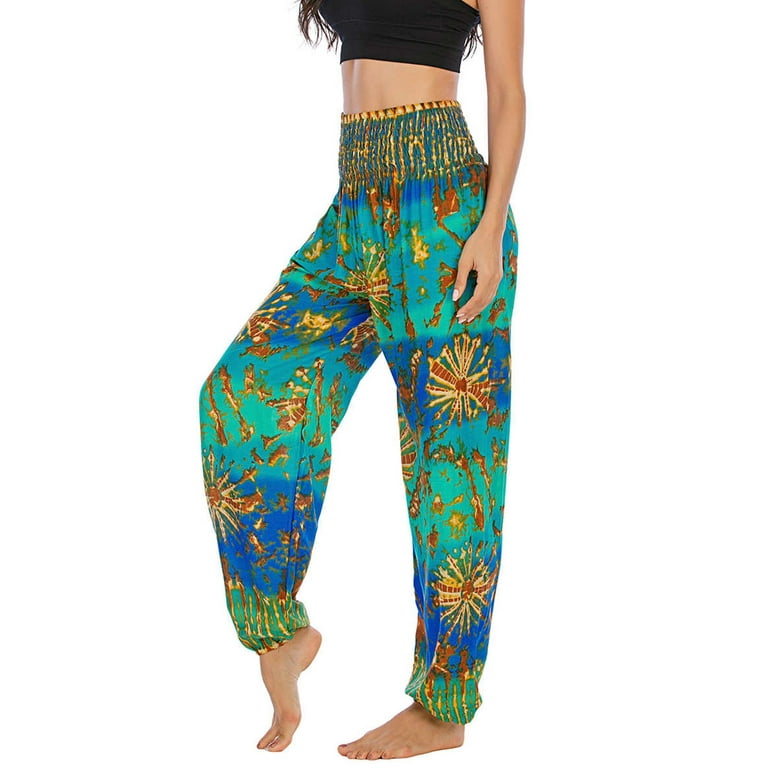 MRULIC yoga pants Pants High Boho Women Thai Trousers Waist Yoga Festival  Smock Men Yoga Pants Green + One size 
