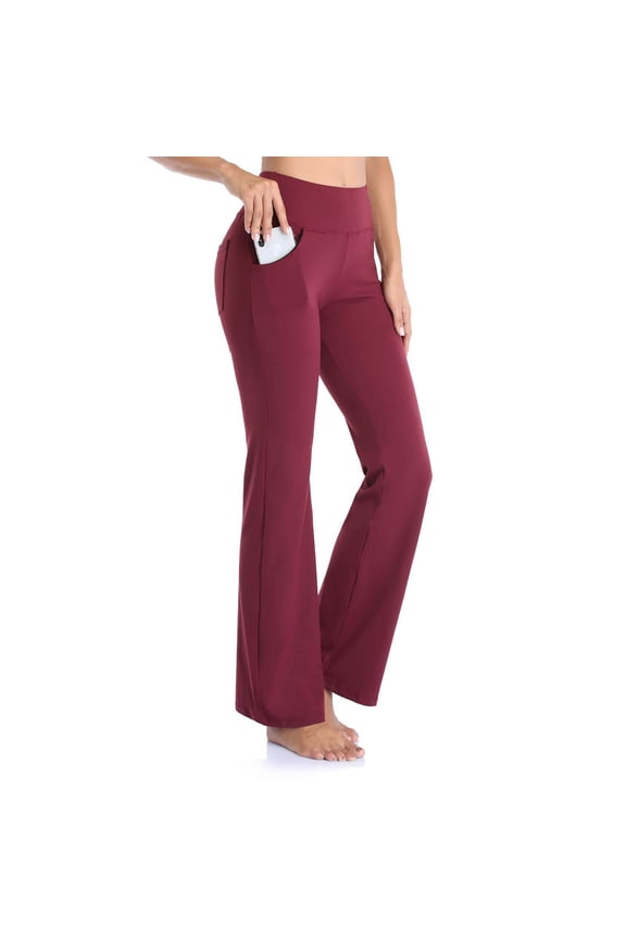 yoga pants Women Yoga Pants High Waist Flare Leggings Wide Straight Leg Sports Trousers Flared Trousers With Pocket For Yoga Pilates Fitness Red + M