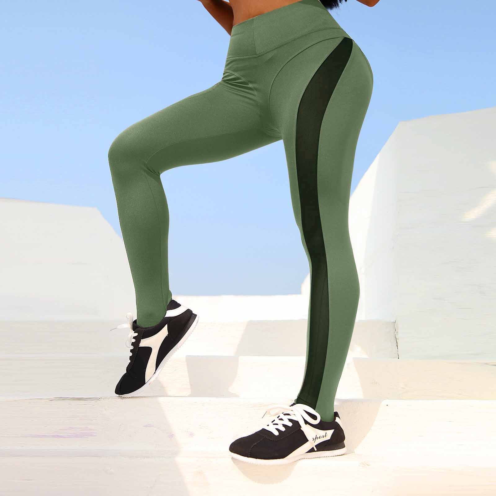 MRULIC yoga pants Women Gauze Splicing Exercise To Lift High Waist Tight  Yoga Pants Army Green + S 