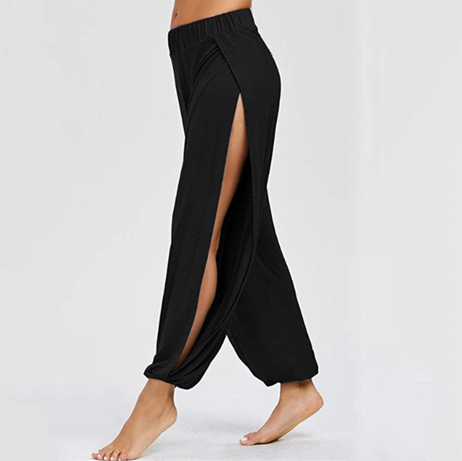 MRULIC yoga pants Women's Solid Color Split High Stretch Exercise Running  Yoga Leisure Pants Black + M