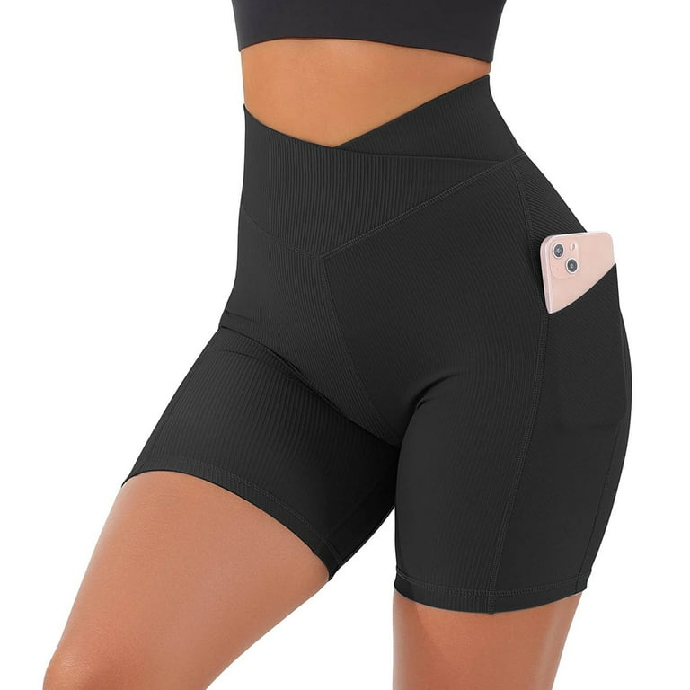 MRULIC yoga shorts for women V Biker Waisted Waist Shorts Cross Shorts Butt  Lifting Women Workout High Yoga Shorts Black + S 